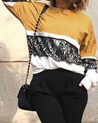  Fashionable Round Neck Lace Patchwork Yellow Polyester T-shirt