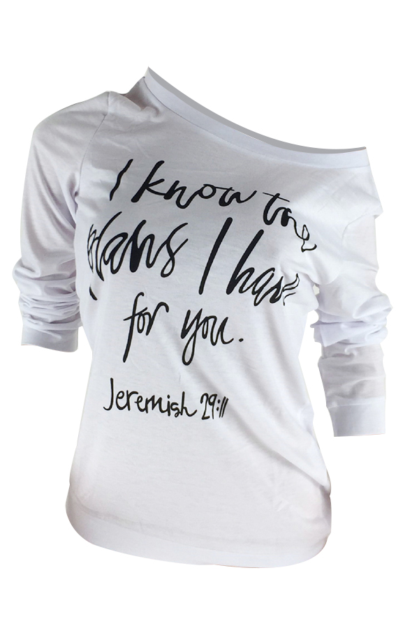  Fashionable Sloping Shoulder Letters Printed White Polyester T-shirt