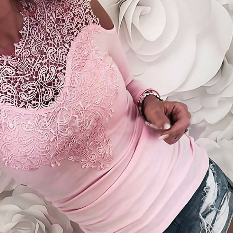  Sexy Round Neck Cold-shoulder Lace Patchwork Pink Cotton T-shirt