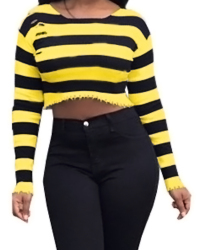  Sexy Round Neck Striped Yellow Polyester Brief Paragraph T-shirt