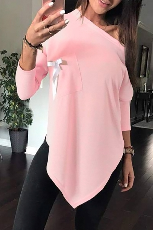  Sexy Skew Collar Irregular Hems Pink Polyester T-shirt