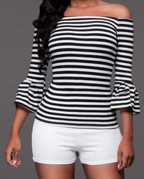  Trendy Bateau Neck Striped White Polyester T-shirt