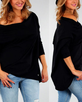 Fashion Bateau Neck Long Sleeves Solid Black Polyester T-shirt