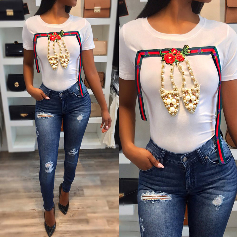 Leisure Round Neck Short Sleeves Pearl Decoration White Cotton Blends T-shirt