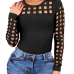 Sexy Round Neck Long Sleeves Hollow-out Black Blending T-shirt