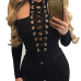 Sexy Round Neck Long Sleeves Hollow-out Black Polyester T-shirt