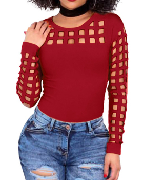 Sexy Round Neck Long Sleeves Hollow-out Red Blending T-shirt