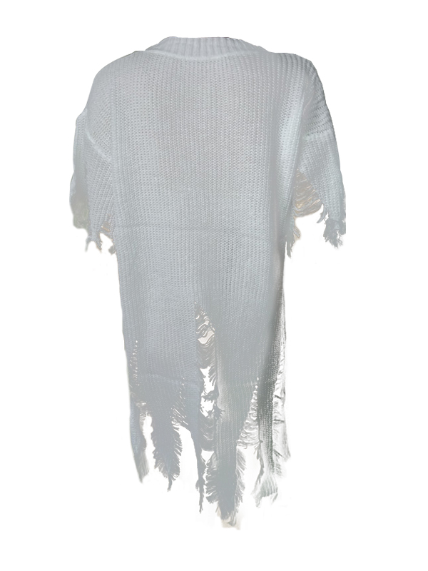 Trendy Round Neck Short Sleeves Tassel Design White knitting Shirt