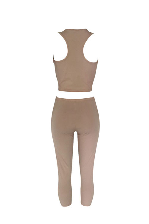  Casual U Neck Striped Light Brown Cotton Blends Two-Piece Pants Set