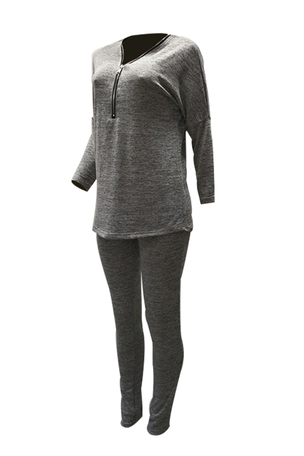  Casual V Neck Zipper Design Grey Polyester Two-piece Pants Set