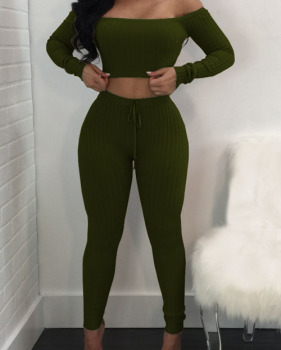  Euramerican Dew Shoulder Army Green Cotton Two-piece Pants Set