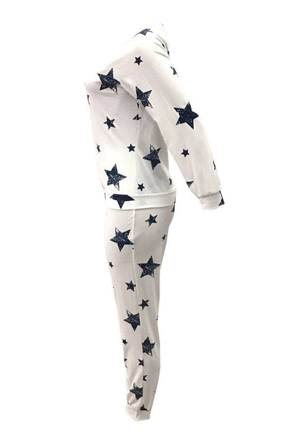  Euramerican Dew Shoulder Five-stars Printed White Cotton Two-piece Pants Set