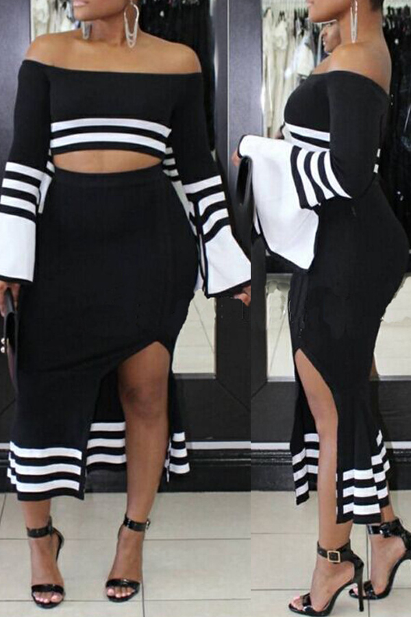  Euramerican Dew Shoulder Striped Black Polyester Two-piece Skirt Set