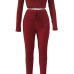  Euramerican Dew Shoulder Wine Red Cotton Two-piece Pants Set