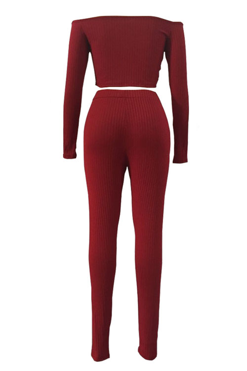  Euramerican Dew Shoulder Wine Red Cotton Two-piece Pants Set