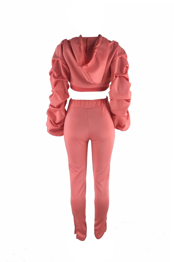  Euramerican Hooded Collar Puff Sleeves Pink Polyester Two-piece Pants Set