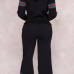  Euramerican Hooded Collar Striped Black Polyester Two-piece Pants Set