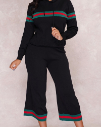  Euramerican Hooded Collar Striped Black Polyester Two-piece Pants Set