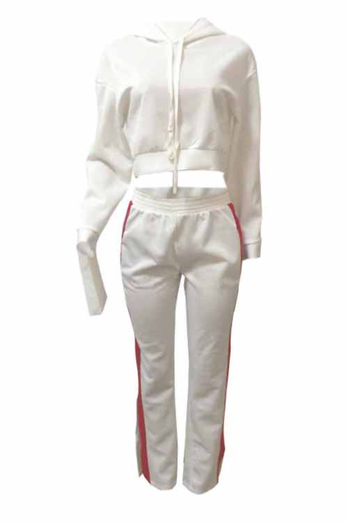  Euramerican Hooded Collar Striped White Polyester Two-piece Pants Set