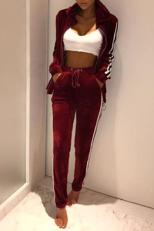  Euramerican Long Sleeves Patchwork Wine Red Velvet Two-piece Pants Set
