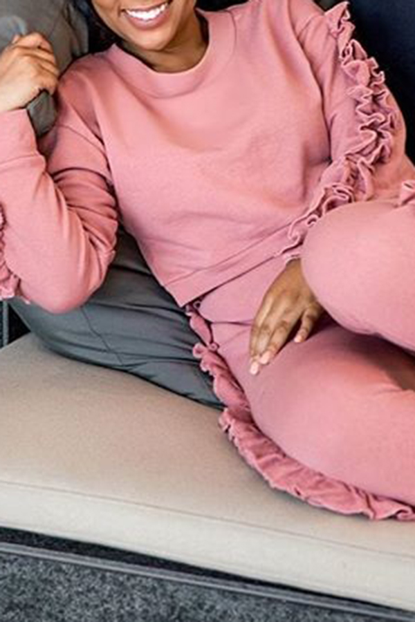  Euramerican Round Neck Falbala Design Pink Polyester Two-piece Pants Set