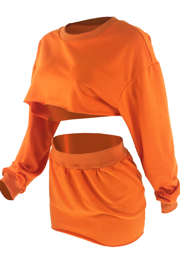  Euramerican Round Neck Long Sleeves Orange Cotton Two-piece Skirt Set
