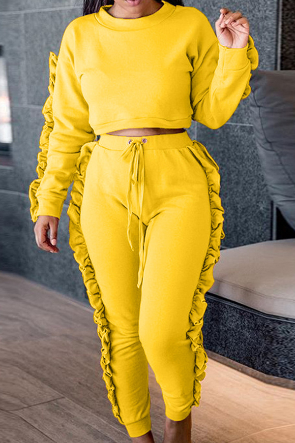  Euramerican Round Neck Ruffle Design Yellow Polyester Two-piece Pants Set