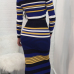  Euramerican Round Neck Striped Patchwork Blue Cotton Two-piece Skirt Set