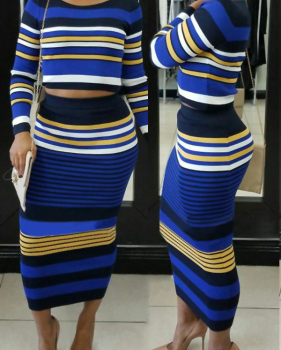  Euramerican Round Neck Striped Patchwork Blue Cotton Two-piece Skirt Set