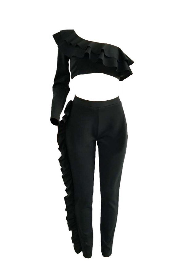  Euramerican Show A Shoulder Asymmetrical Ruffle Design Black Blending Two-piece Pants Set