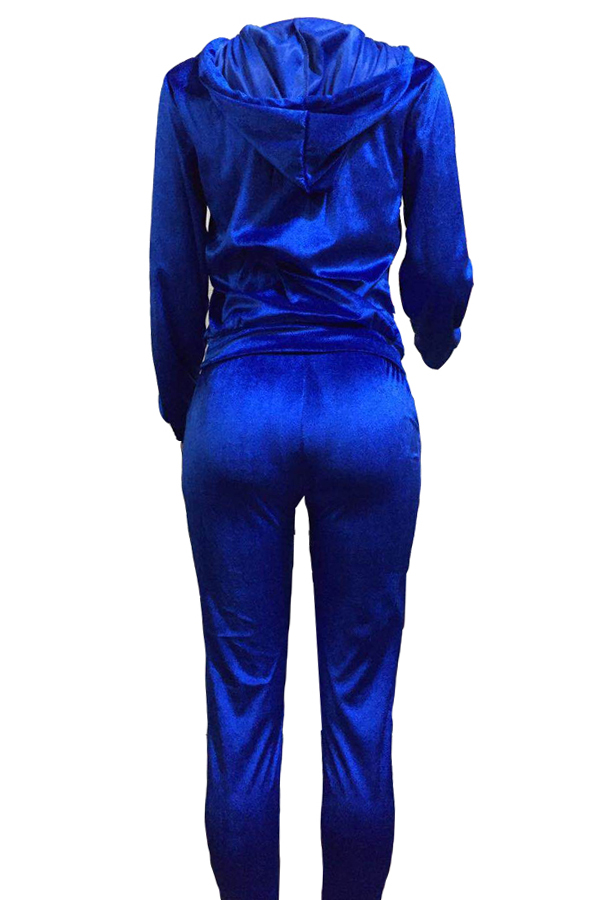  Euramerican Turndown Collar Zipper Design Deep Blue Velvet Two-piece Pants Set