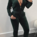  Euramerican Turndown Collar Zipper Design Green Velvet Two-piece Pants Set