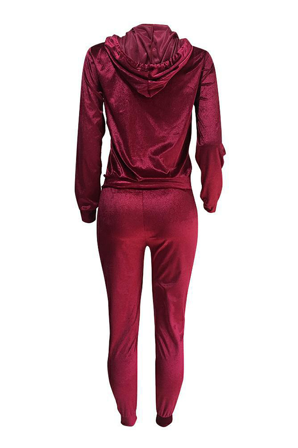 Euramerican Turndown Collar Zipper Design Wine Red Velvet Two-piece Pants Set