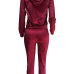  Euramerican Turndown Collar Zipper Design Wine Red Velvet Two-piece Pants Set