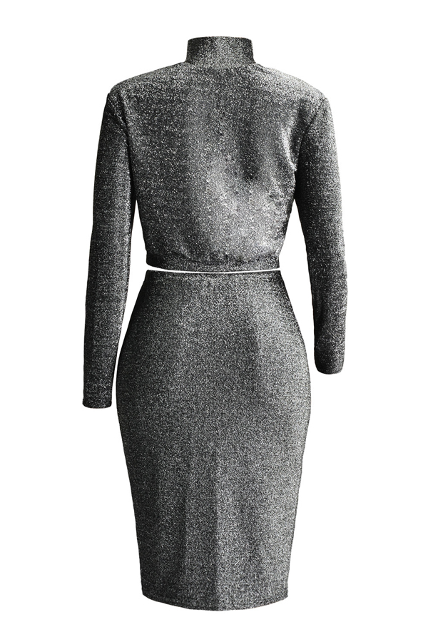  Euramerican Turtleneck Long Sleeves Black Cotton Two-piece Skirt Set