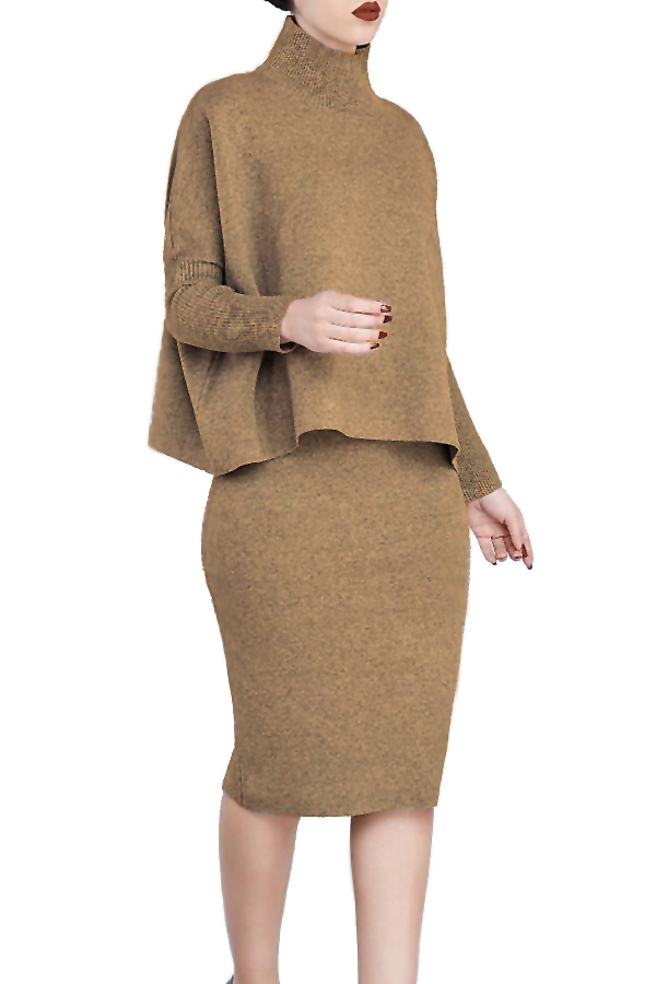  Euramerican Turtleneck Long Sleeves Brown Two-piece Skirt Set