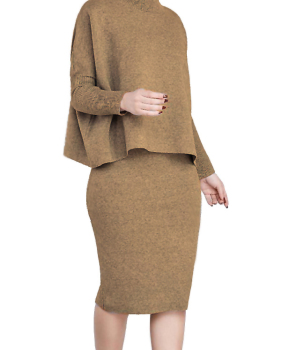  Euramerican Turtleneck Long Sleeves Brown Two-piece Skirt Set