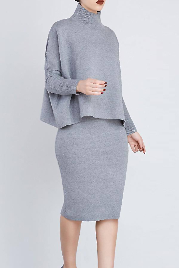  Euramerican Turtleneck Long Sleeves Grey Two-piece Skirt Set