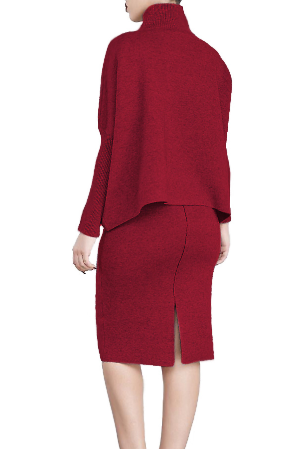  Euramerican Turtleneck Long Sleeves Wine Red Two-piece Skirt Set