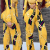  Euramerican V Neck Chain Printing Yellow Polyester Two-piece Pants Set