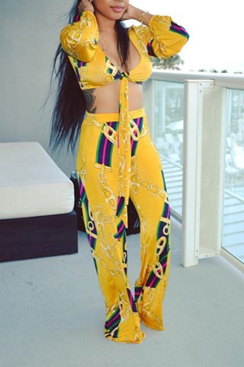  Euramerican V Neck Chain Printing Yellow Polyester Two-piece Pants Set