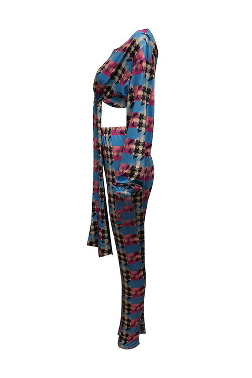  Fashion Round Neck Knot Design Printed Multi Qmilch Two-Piece Pants Set
