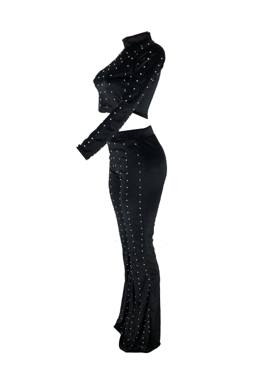 Fashion Turtleneck Beads Decoration Black Velvet Two-Piece Pants Set