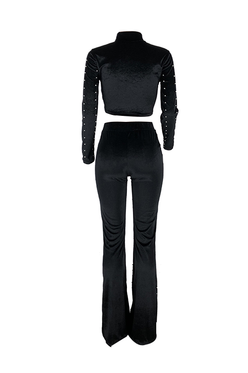  Fashion Turtleneck Beads Decoration Black Velvet Two-Piece Pants Set