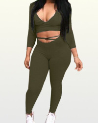  Green Polyester Pants Plain V Neck Long Sleeve Sexy Two Pieces