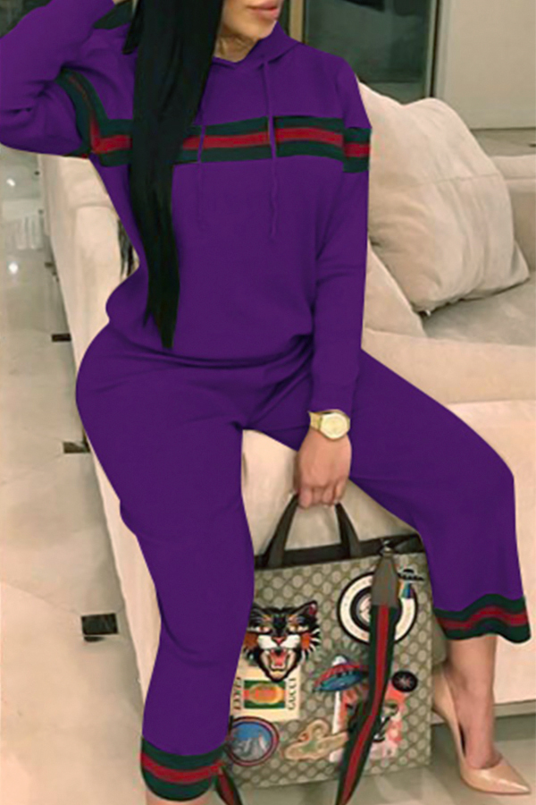 Leisure Hooded Collar Patchwork Purple Cotton Two-piece Pants Set