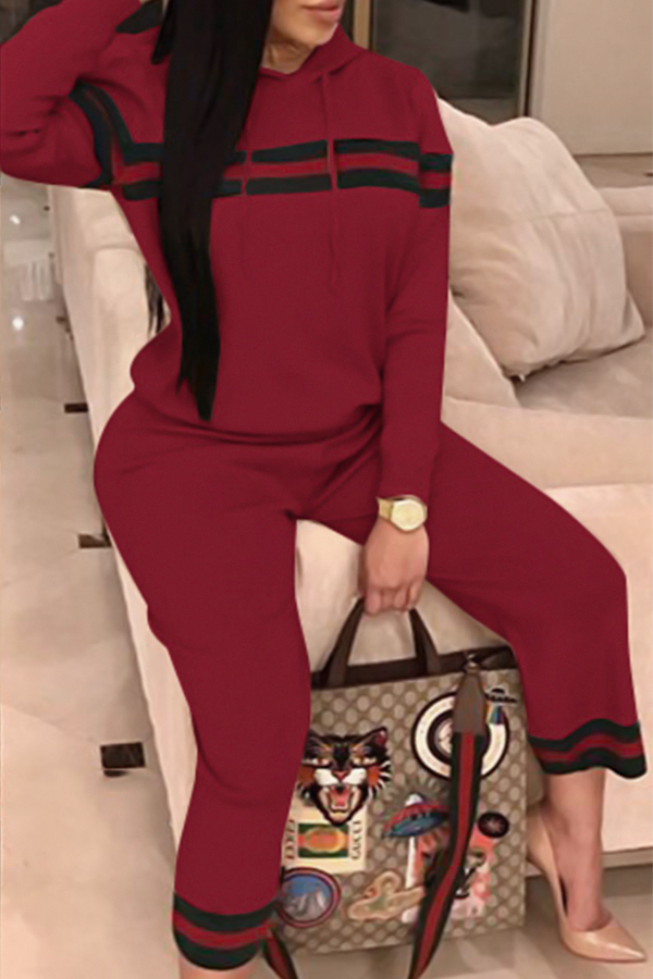  Leisure Hooded Collar Patchwork Wine Red Cotton Two-piece Pants Set