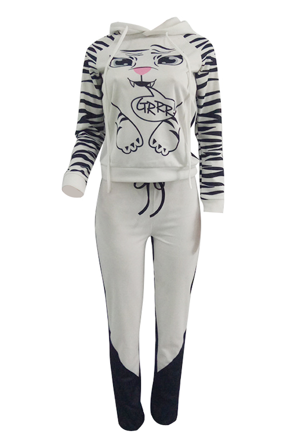  Leisure Long Sleeves Printed White Cotton Two-piece Pants Set