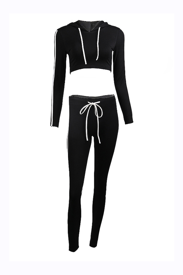  Leisure Long Sleeves Striped Patchwork Black Velvet Two-piece Pants Set