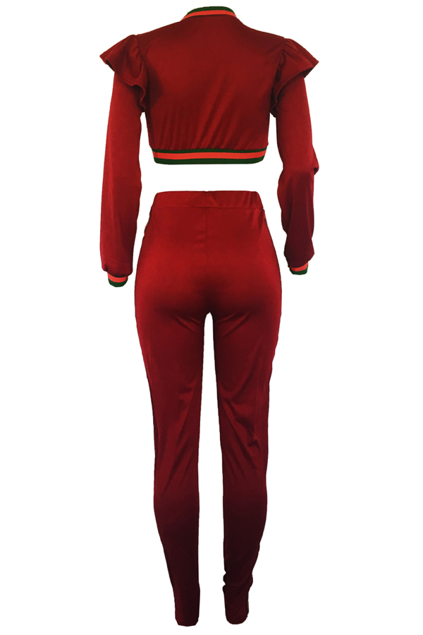  Leisure Round Neck Falbala Design Wine Red Knitting Two-piece Pants Set